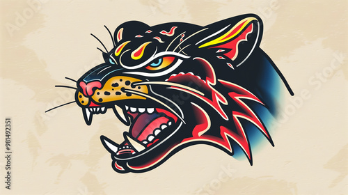 Wallpaper Mural panther head tattoo, american Traditional old school style, bold outlines, white background Torontodigital.ca