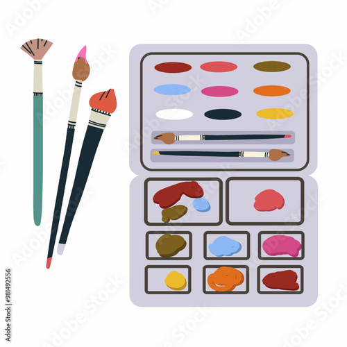 Artist's palette, watercolor paints, acrylic paints, gouache with paints of different colors and brushes. Top view of artist's tools isolated on white background. Hand drawn flat vector illustration