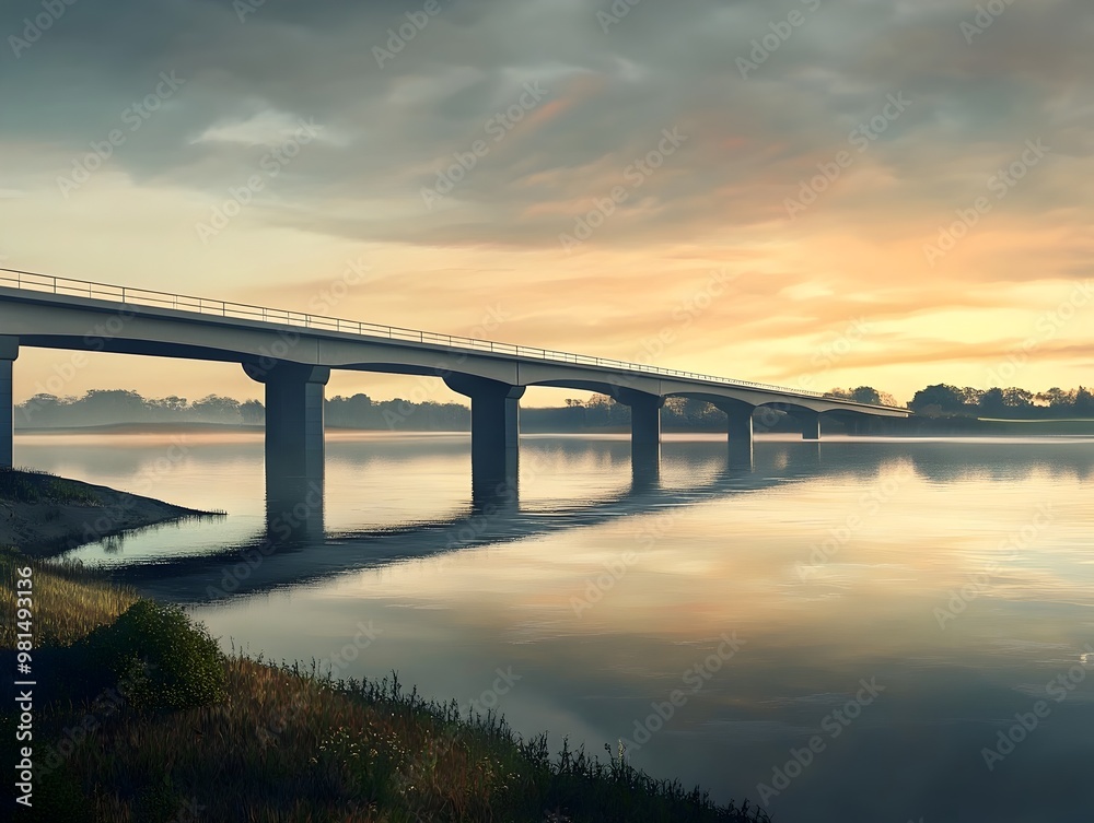 Fototapeta premium Dramatic Bridge Spanning a Serene River at Mesmerizing Sunset