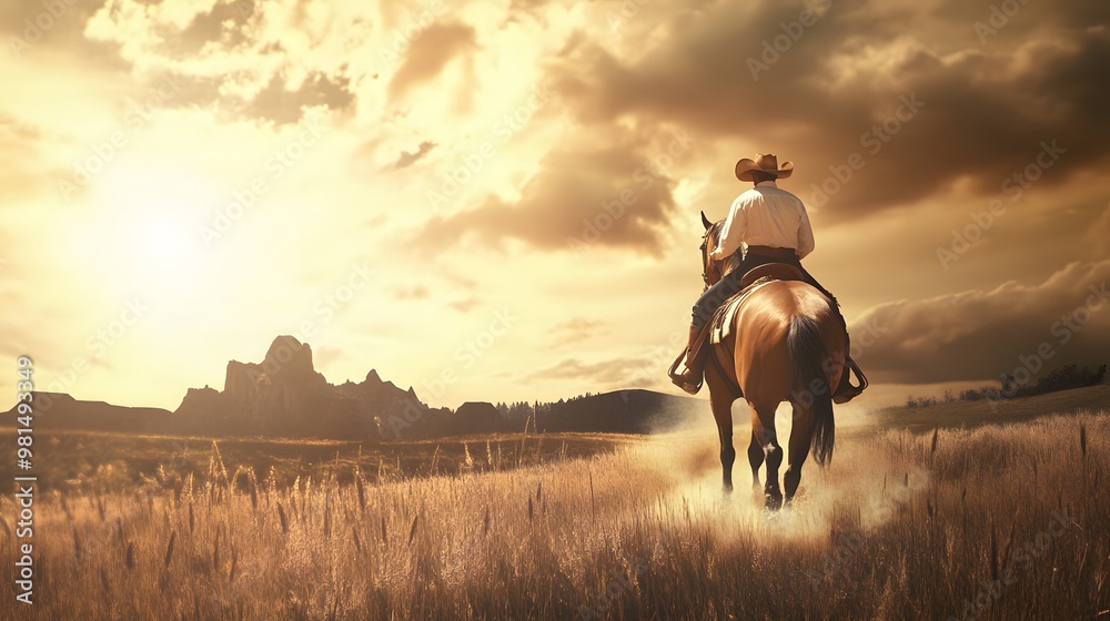 A cowboy rides a horse into the sunset, with a wide open field stretching out before him. A cowboy rides a horse into the sunset, with a wide open field stretching out before him.