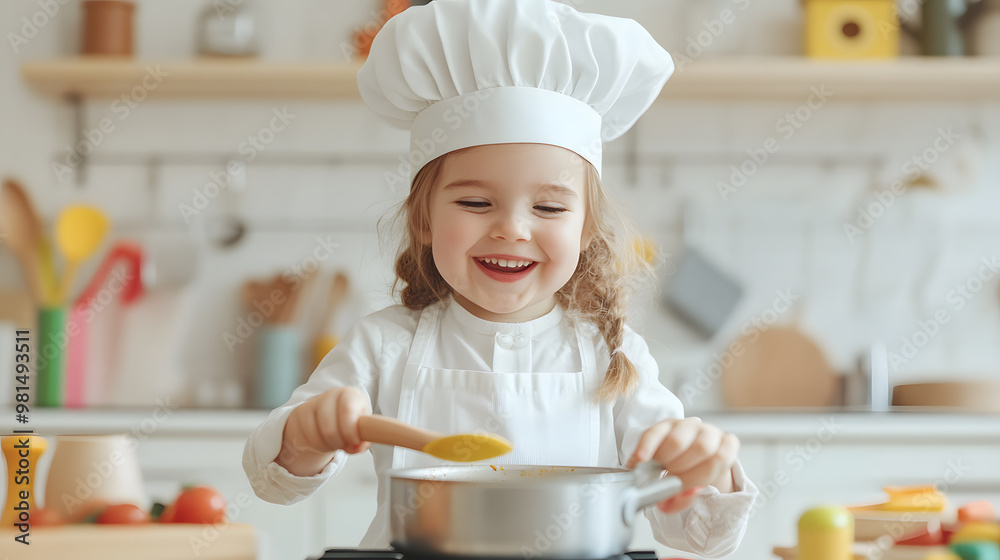 Child Wearing a Chef's Hat and Apron Stirring a Pot | Young Cook Enjoying Fun and Learning in the Kitchen Child Wearing a Chef's Hat and Apron Stirring a Pot | Young Cook Enjoying Fun and Learning in the Kitchen