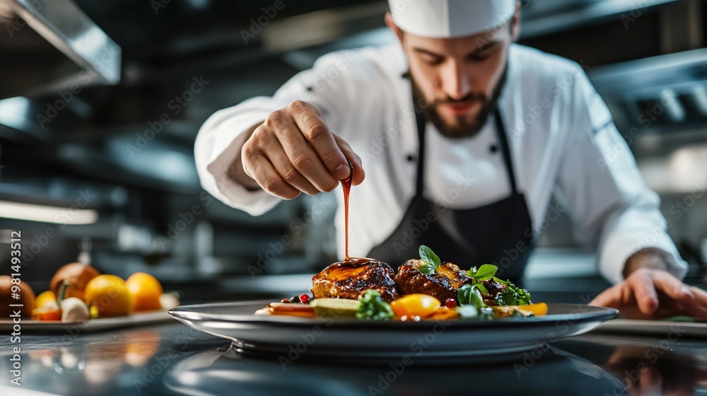 chef in a well-equipped kitchen arranging microgreens on a plated dish with precision, copy space chef in a well-equipped kitchen arranging microgreens on a plated dish with precision, copy space