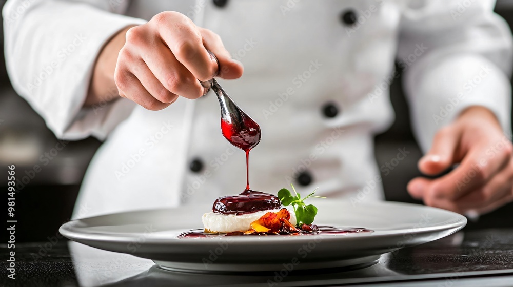 A chef in a professional kitchen garnishing a gourmet dish with fresh herbs, copy space A chef in a professional kitchen garnishing a gourmet dish with fresh herbs, copy space