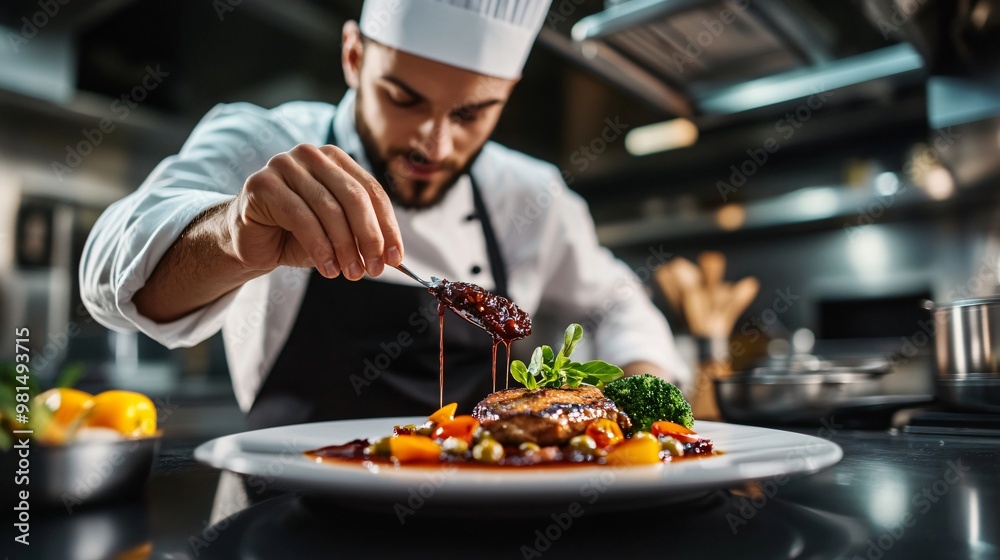 A chef in a professional kitchen garnishing a gourmet dish with fresh herbs, copy space 