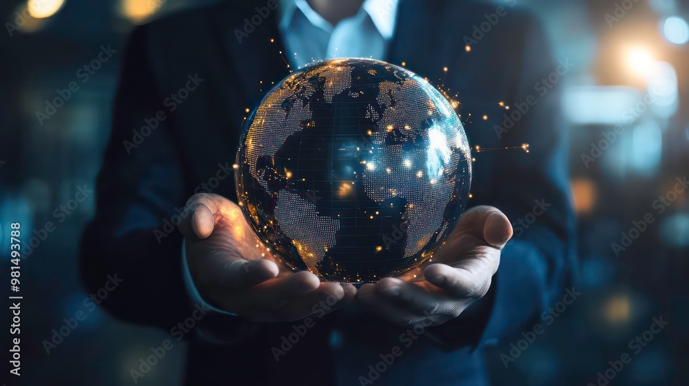 Fototapeta premium A businessman holds a glowing globe in his hands, representing global connection and technology.