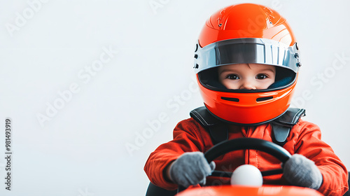 Child Wearing a Racing Helmet and Suit | Young Racer Ready for Adventure and High-Speed Fun photo