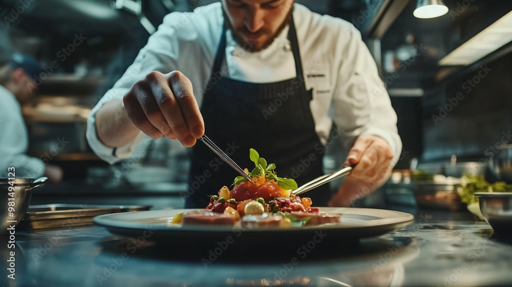 A chef in a professional kitchen garnishing a gourmet dish with fresh herbs, copy space A chef in a professional kitchen garnishing a gourmet dish with fresh herbs, copy space