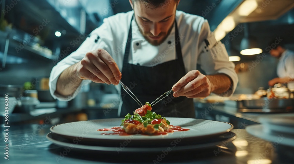 A chef in a professional kitchen garnishing a gourmet dish with fresh herbs, copy space A chef in a professional kitchen garnishing a gourmet dish with fresh herbs, copy space