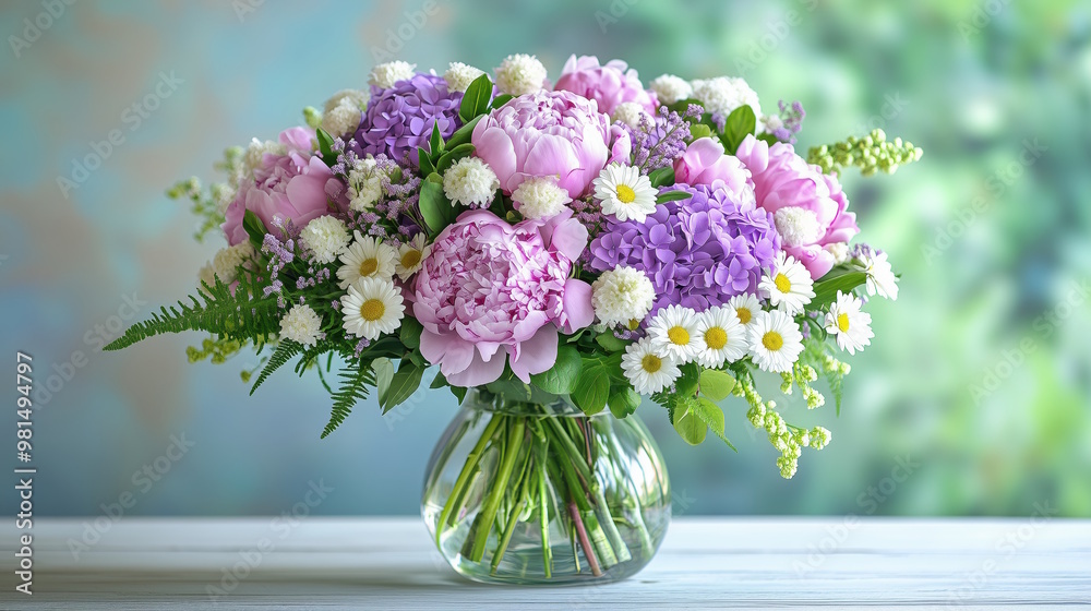 A delicate bouquet of pink peonies and lavender hydrangeas, accented with white daisies and green ferns, arranged in a clear glass vase, on a white wooden table. A delicate bouquet of pink peonies and lavender hydrangeas, accented with white daisies and green ferns, arranged in a clear glass vase, on a white wooden table.