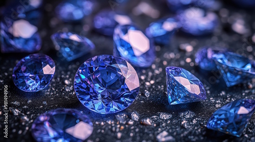 A collection of tanzanite gemstones scattered on a dark, glossy surface. 