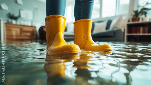 Woman Standing in Flooded Home with Yellow Boots. A close-up shot of a woman standing in a flooded room wearing bright yellow boots. photo