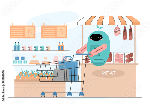 Robot buys groceries. Bot with cart buying fresh products. Trolley with assortment. Shopper and consumer in store. Artificial intelligence and machine learning. Linear vector illustration