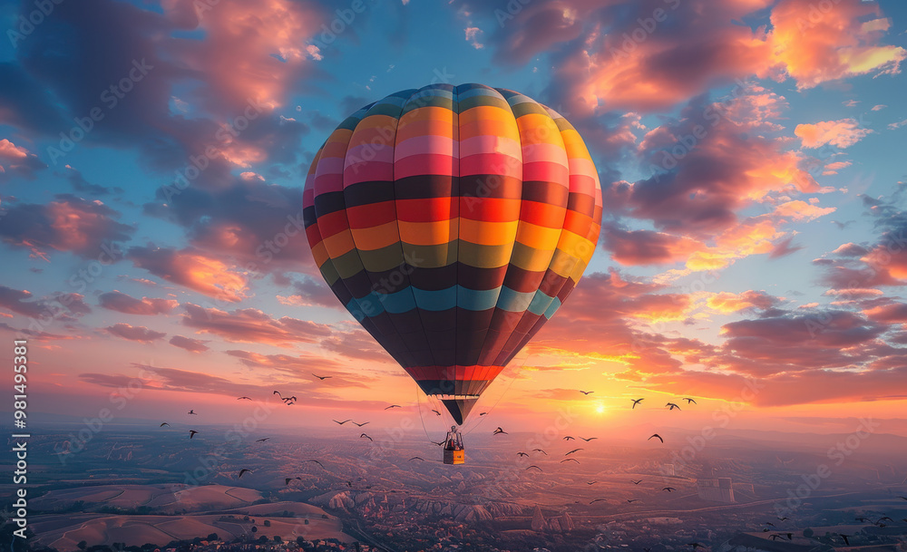 Hot air balloon drifting through a vibrant sunset sky with birds in flight Hot air balloon drifting through a vibrant sunset sky with birds in flight
