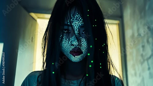 A young Asian woman with long dark hair, beads covering her face and an intense expression. She wears a simple shirt and stands in a dimly lit, distressed setting, suggesting a somber mood.