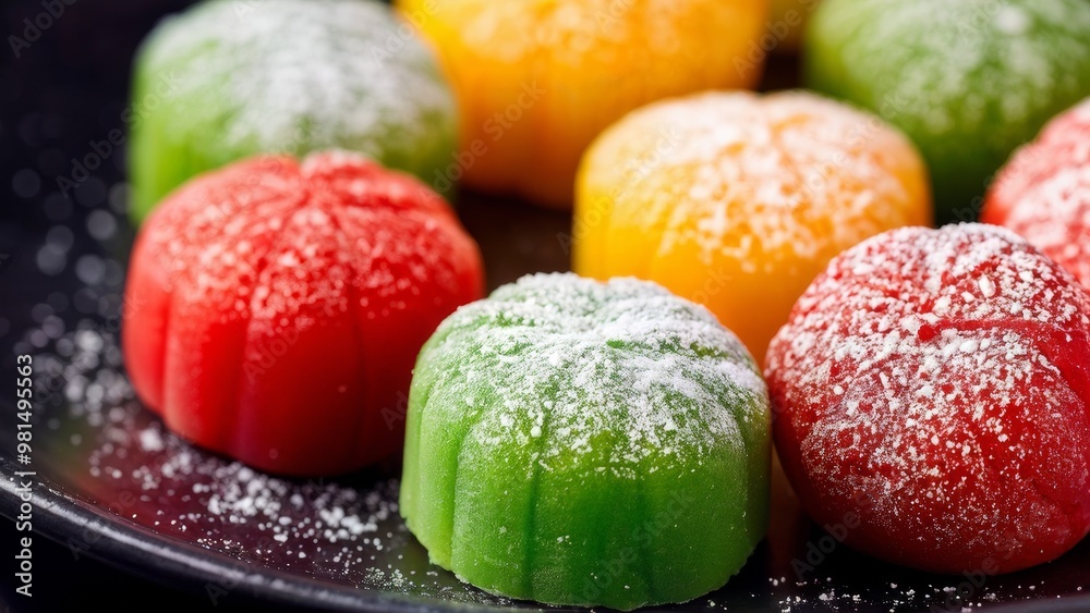 Multicolored marzipan fruits in shades of red, green, yellow and orange, whimsically shaped, lightly sprinkled with powdered sugar. Multicolored marzipan fruits in shades of red, green, yellow and orange, whimsically shaped, lightly sprinkled with powdered sugar.