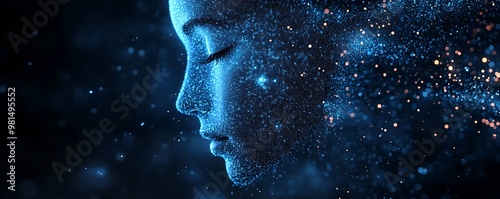 Futuristic female face made of glowing particles. Glowing light-blue digital face profile. AI concept art.