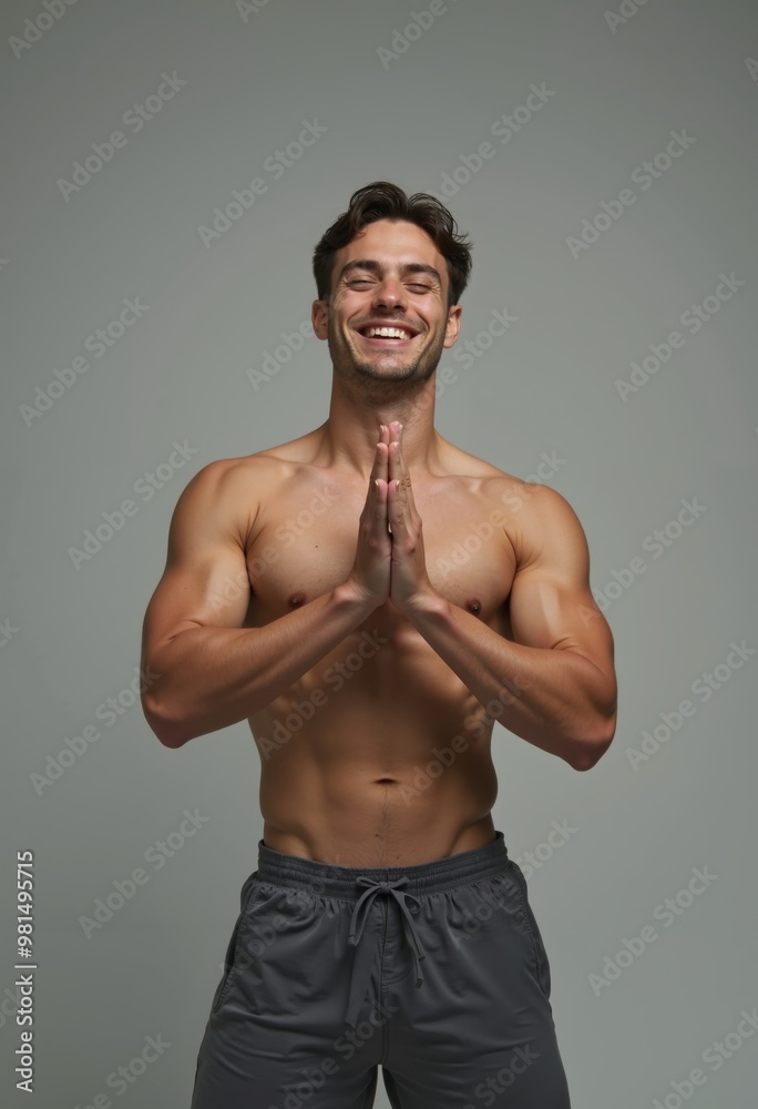 Muscular caucasian man with joyful smile practicing yoga in minimalist studio setting during wellness session Muscular caucasian man with joyful smile practicing yoga in minimalist studio setting during wellness session