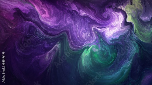 This abstract swirl design features vibrant purple and green hues, offering a captivating visual experience