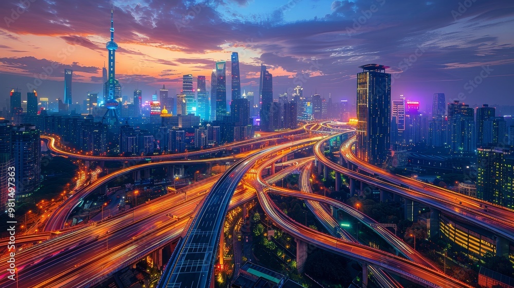 Obraz premium A vibrant and dynamic night cityscape showcasing illuminated roads, bustling skyscrapers, and bright lights