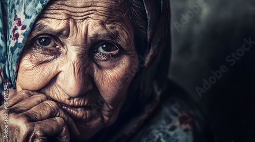 Close-up portrait of an elderly woman with a thoughtful expression.