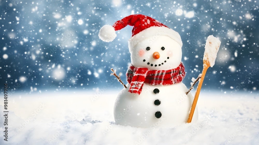 Fototapeta premium Smiling snowman with red hat and scarf in snowy winter scene.