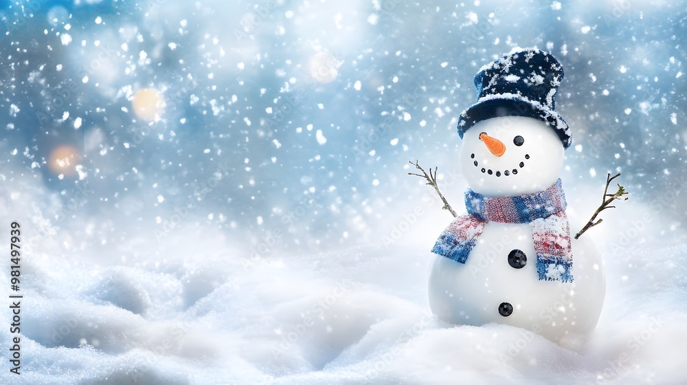 A happy snowman with a black top hat and a blue and red scarf stands in the snow. A happy snowman with a black top hat and a blue and red scarf stands in the snow.