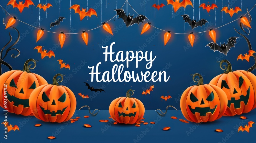 Halloween card with pumpkins, bats and a garland and Happy Halloween text on a blue background Halloween card with pumpkins, bats and a garland and Happy Halloween text on a blue background