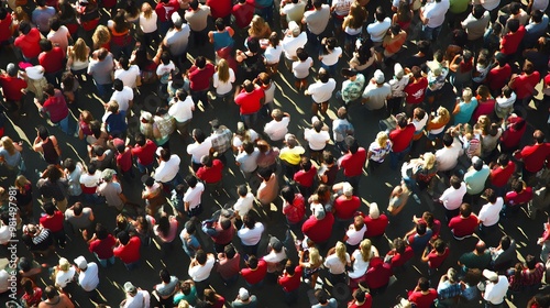 An aerial view of a large crowd of people.
