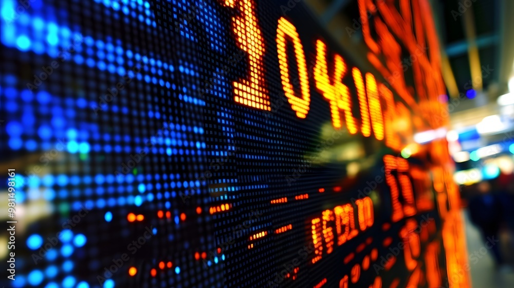 Close up of a stock ticker display showing numbers and data. Close up of a stock ticker display showing numbers and data.