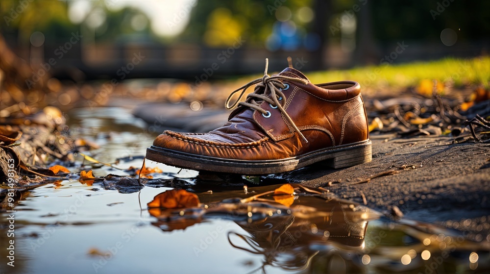 One brown leather shoe with laces standing in a shallow puddle of rainwater. One brown leather shoe with laces standing in a shallow puddle of rainwater.