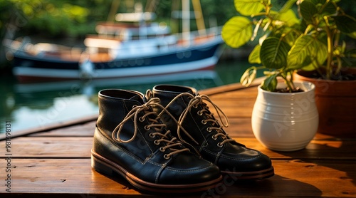  Pair of black boots with laces tied, sitting on wooden table by the water. Boots are in focus.