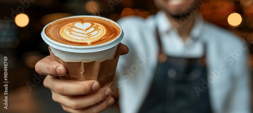 Joyful barista skillfully preparing a stunning latte with exquisite and detailed latte art design photo