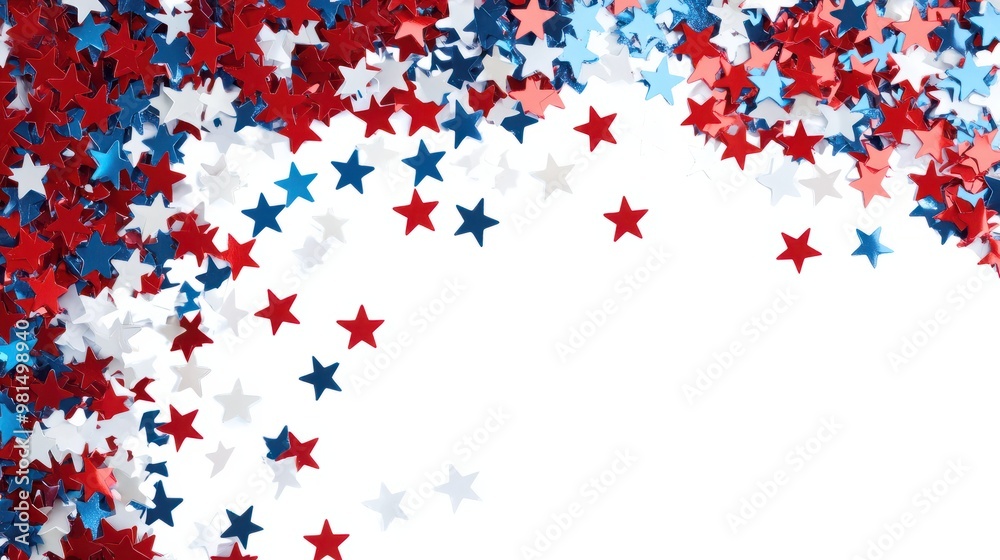 4th of July American Independence Day. Red, blue and white star confetti decorations on white background. Flat lay, top view, copy space transparent background 4th of July American Independence Day. Red, blue and white star confetti decorations on white background. Flat lay, top view, copy space transparent background