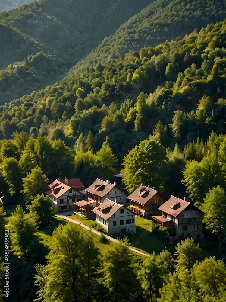 Mokra Gora village in Tara Park, Serbia, surrounded by lush hills and forests. Mokra Gora village in Tara Park, Serbia, surrounded by lush hills and forests.
