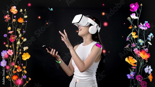 Beautiful Asian woman using smartphone to explore meta neon garden world with VR metaverse virtual neon flowers with butterfly of blossom in 3D pollen white lighting graphic floating. Hallucination.