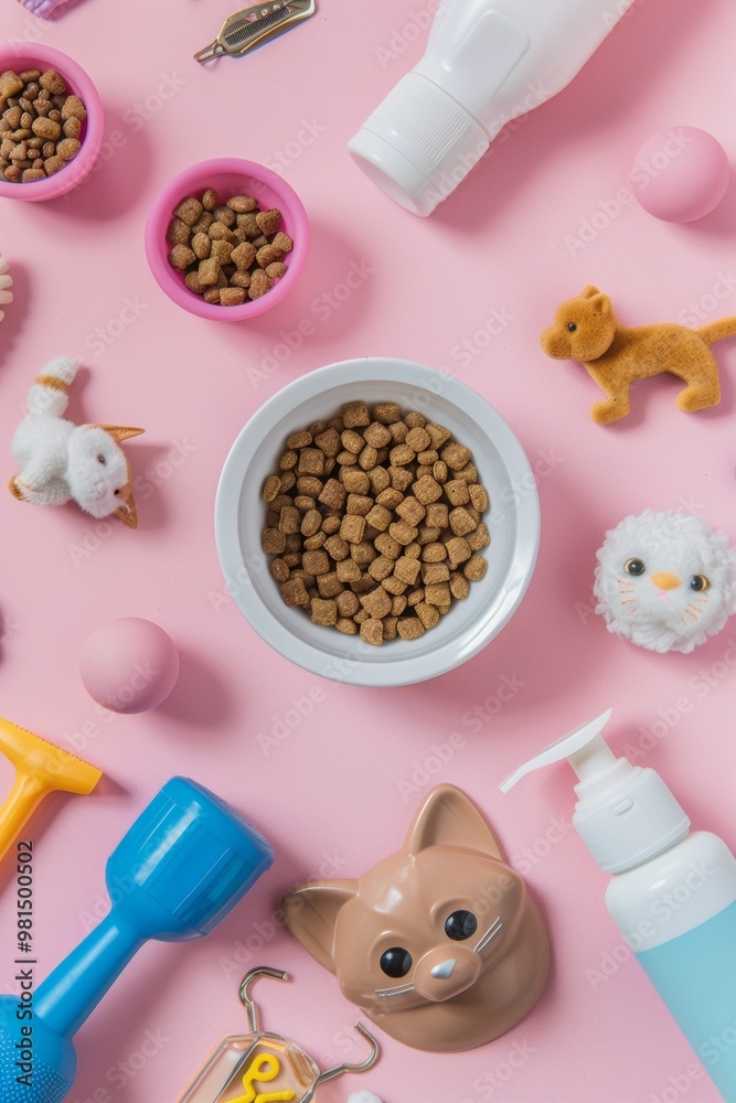 Pet accessories on a pink background, including a bowl of brown kibble, a water bottle, toys Pet accessories on a pink background, including a bowl of brown kibble, a water bottle, toys