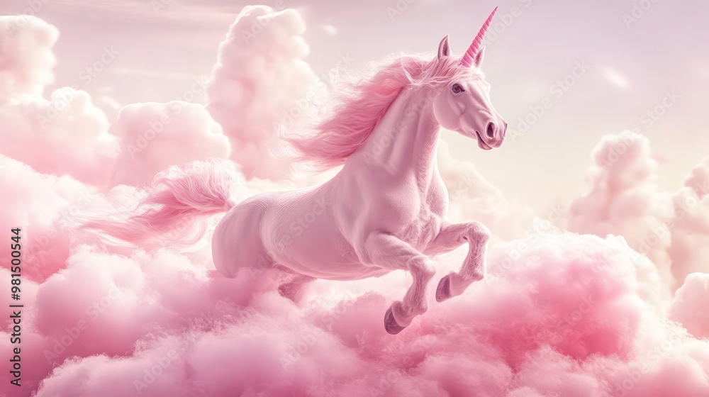A beautiful white unicorn with a pink horn is running through pink clouds. A beautiful white unicorn with a pink horn is running through pink clouds.