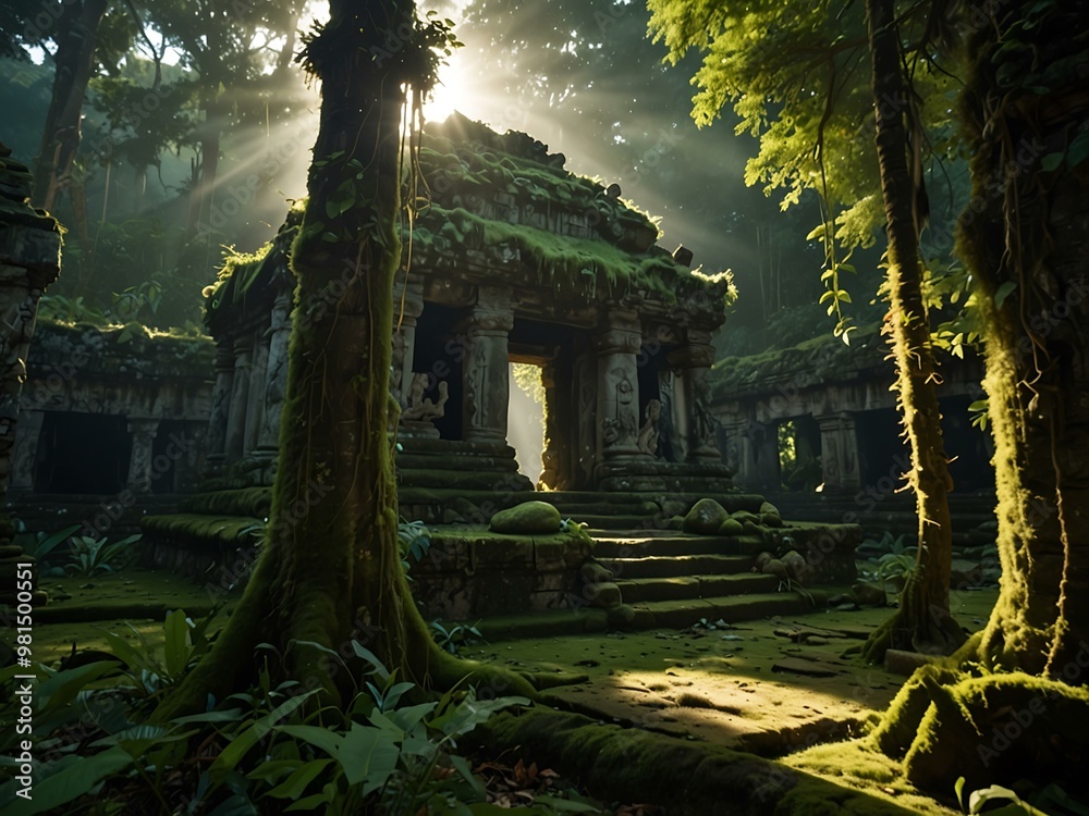 Moss-covered ancient temple hidden in a jungle with sunlight filtering through. Moss-covered ancient temple hidden in a jungle with sunlight filtering through.