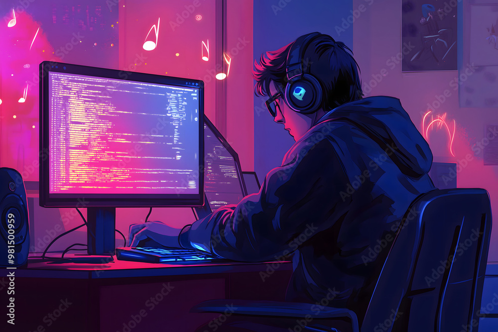 A boy sitting at a desk, surrounded by a calm and uncluttered workspace. He is wearing high-quality headphones, fully absorbed in the music, their concentration evident A boy sitting at a desk, surrounded by a calm and uncluttered workspace. He is wearing high-quality headphones, fully absorbed in the music, their concentration evident