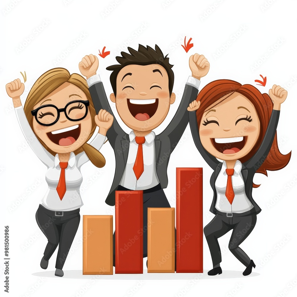 Cartoon Business Team Celebrates Success with Chart 