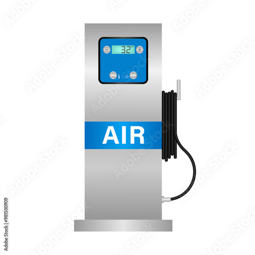 Automatic Tire Inflator Machine for Car and other Vehicle. Tire Air Station Service. Vector Illustration. 