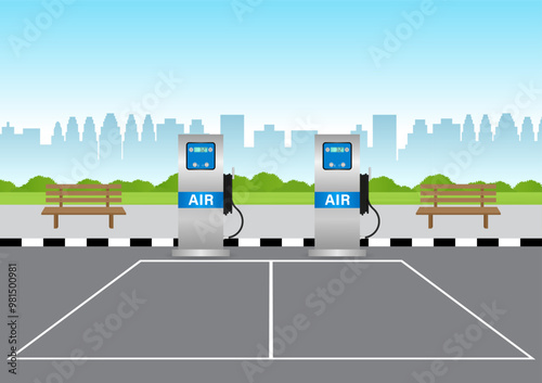 Automatic Tire Inflator Machine for Car and other Vehicle. Tire Air Station Service. Vector Illustration. 