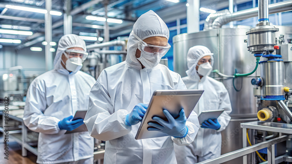 © Alisa - industrial scientists wearing disposable protective suits, masks and goggles at production plant. specialist using tablet computer, analyzing potential work hazards and contamination at a workplace