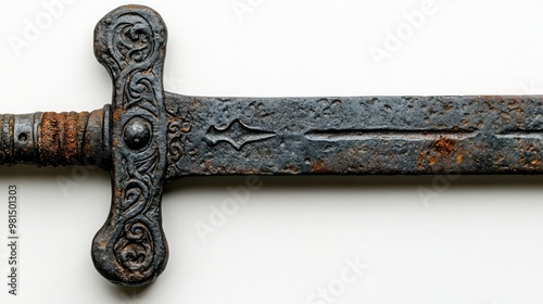 A weathered medieval sword, featuring intricate hilt designs and a slightly rusted blade, isolated against a clean white background