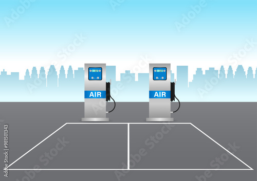 Automatic Tire Inflator Machine for Car and other Vehicle. Tire Air Station Service. Vector Illustration. 