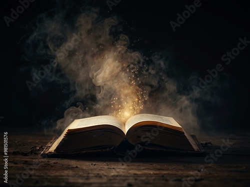 Mystical book emitting fog, creating an enchanting dark atmosphere.