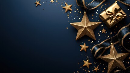 Christmas and New Year festive background. Golden stars and gilded ribbons on dark blue background with copy space for text. The concept of Christmas and New Year holidays transparent background