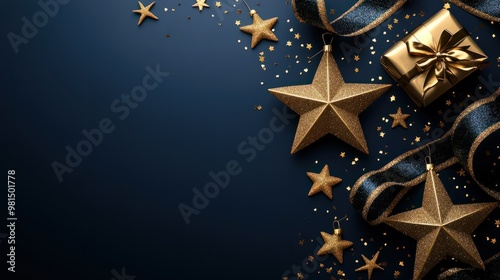 Christmas and New Year festive background. Golden stars and gilded ribbons on dark blue background with copy space for text. The concept of Christmas and New Year holidays transparent background photo