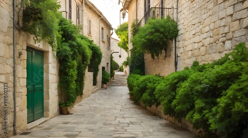 View of the street passage in the Croatian island of Krk's old town.May 2015, Saint Paul de Vence, France: Wide-open aperture view of a lovely green fence against the old house's wall in the late even