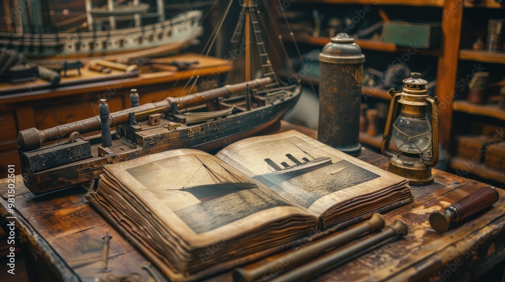 An open antique book with a picture of a ship on the page, a ship model, and a lantern on the table. An open antique book with a picture of a ship on the page, a ship model, and a lantern on the table.